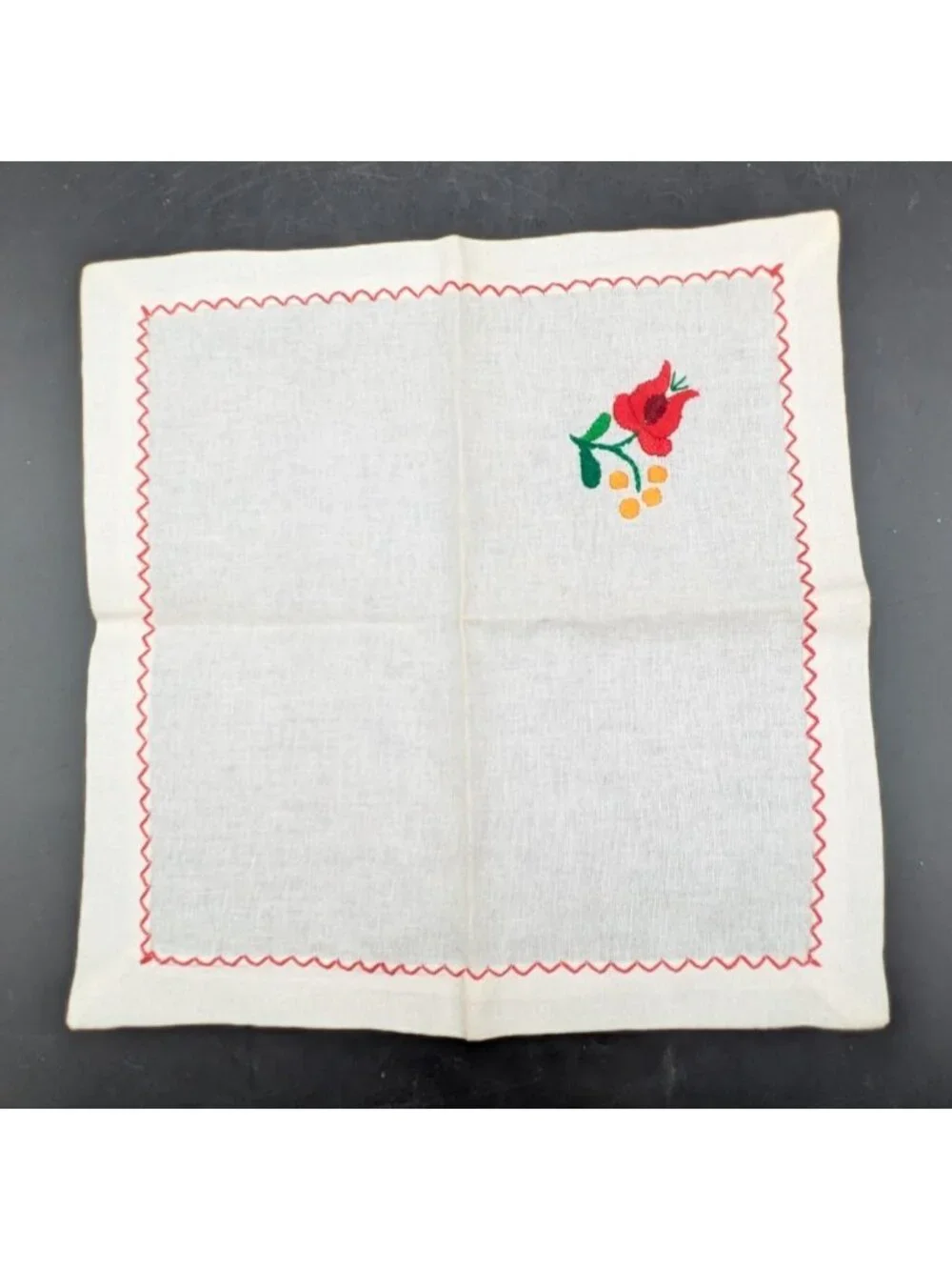 Vintage Linen Tea Napkins Embroidered Floral on White Red Trim Set of 4